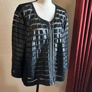 Faux black leather see through striped zip up jacket 1x Peter Nygard